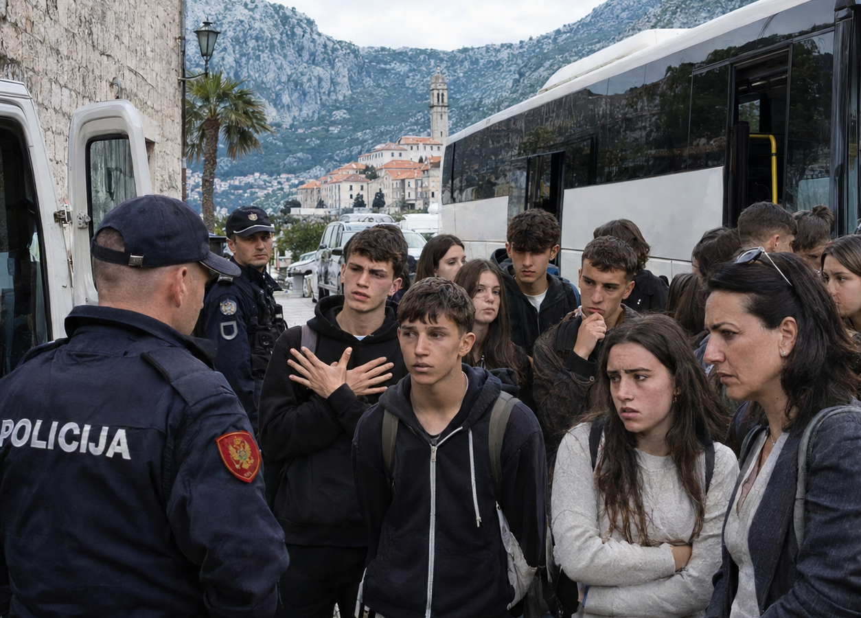 Autobus turistik me nxënës në një rrugë buzë detit